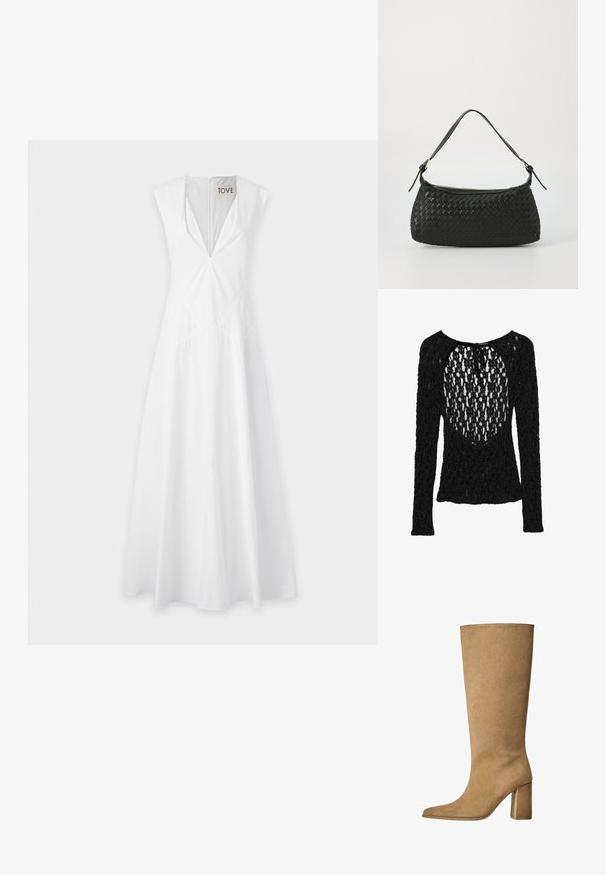 Bela brezrokavna obleka z globokim V-izrezom, podrobnostmi na pasu in tekočim krojem krila, izdelana iz lahkotnega materiala.; Črn dolg rokav majica z strukturiranim, odprtim pletenjem, ki ima širok krožni izrez in zavezovanje zadaj.; Tanki suede škornji do kolen v bež barvi z blok peto, z ošiljenim nosom in gladko teksturo. Minimalističen dizajn brez okraskov.; Črna tkana torba za ramo s gladkim usnjenim trakom in zadrgo. Ima teksturirano površino in ukrivljeno obliko.