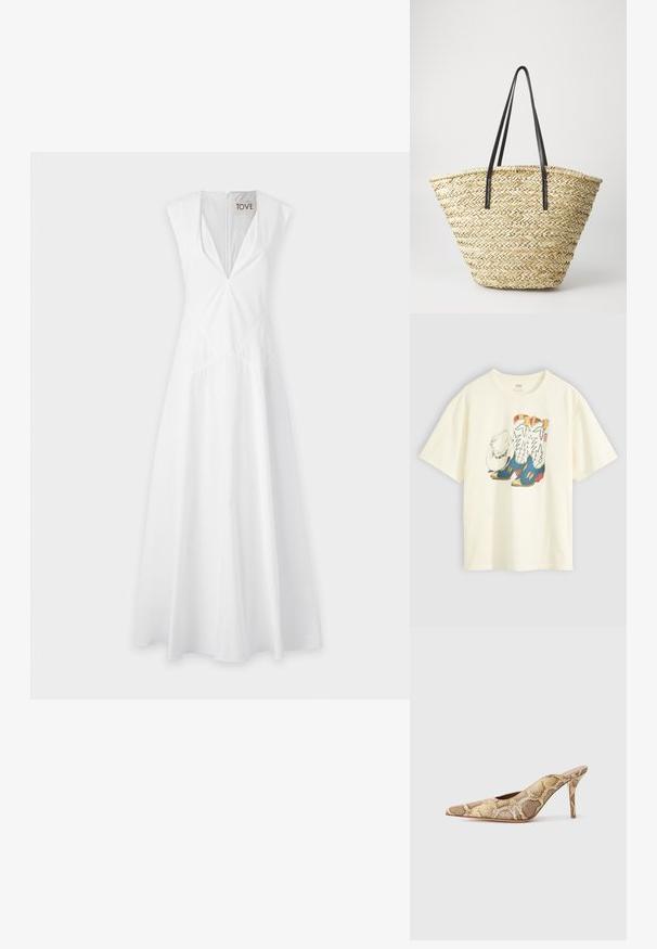 Balta beplačių rankovių su giliu V formos iškirpimu, juosmens siūlės detalėmis ir laisvai krentančiu sijonu, pagaminta iš lengvos medžiagos.; Balta medvilninė marškinėliai su grafika, vaizduojančia kavbojaus batus ir skrybėlę. Batai mėlyni su geltonais akcentais ir baltais detalėmis.; Aštrių pirštų slingback aukštakulniai su tekstūruotu gyvatės raštu, kurie turi neutralias kremines ir rudas spalvas; su stiletto kulnu ir išpjovomis šoninėse dalyse.; Audimo šiaudinis krepšys su plačia, siaurėjančia forma, turintis dvi juodas odines rankenas. Natūralios smėlio spalvos su tekstūruotu paviršiumi.