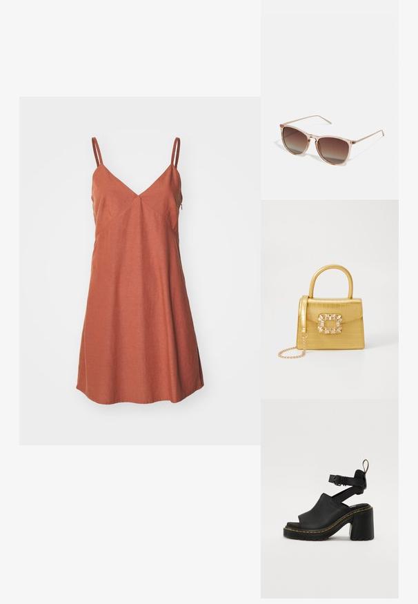 Ruskohi-punainen, hihaton mekko, jossa on V-pääntie, levenevä helma ja viistot saumat rakenteelliselle muotoilulle. Valmistettu kevyistä materiaaleista.; Mustat korkokengät sandaalit, joissa on avoin varvas, säädettävä nilkkahihna, sileä nahkapinta ja rakennekumipohja, jossa on keltainen ompeluontelu.; Ruskean sävyinen aurinkolasimalli, jossa on läpikuultava vaaleanpunainen runko, neliömäinen muoto ja ohuet metalliset varret. Lasimallissa on pyöristetyt reunat ja minimaalinen yksityiskohtaisuus.; Keltainen keinonahkainen krokotiililaukku, jossa on jämäkkä muotoilu, yläkahva, irrotettava ketjusanka ja koristeellinen kristallikoristelu lukossa.