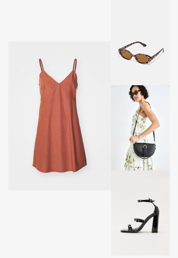 Rūdžių spalvos, be rankovių suknelė su V formos iškirpte, turinti išplėstą hemą ir kampines siūles, suteikiančias struktūrinį dizainą. Pagaminta iš lengvos medžiagos.; Juoda blizgi lakuota basutė su kvadratiniu pirštu, kulkšnies dirželiais ir sidabro sagtimis. Yra tvirta blokinė kulno konstrukcija, užtikrinanti stabilumą.; Kaktašiai akiniai nuo saulės su ovaliais objektyvais, rudi, ploni laikikliai su tekstūruotu raštu, lengvas plastikinis rėmas.; Juodas odinis krepšys su išlenkta forma, nuimamu dirželiu ir auksiniais detalėmis. Krepšys turi kilpą su sagtimi.