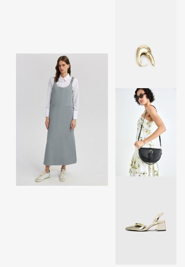 Touché Privé THICK STRAP - Maksi suknelė - grey; Auksiniai, metaliniai slingback aukštakulniai bateliai su smailiu pirštu ir masyviu kulnu. Lygus paviršius, minimalizmo dizainas ir siaura juostelė.; Juodas odinis krepšys su išlenkta forma, nuimamu dirželiu ir auksiniais detalėmis. Krepšys turi kilpą su sagtimi.; Aukso tono metalinės auskarai su stilingu, kreiviu dizainu. Išsiskiria ryškiu smailiu pavidalu, poliruota paviršiumi ir užsegimu su vyriu.
