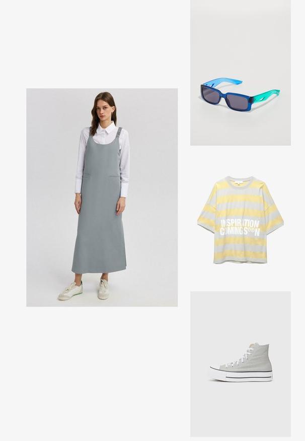 Touché Privé THICK STRAP - Maxikjoler - grey; Grå og gulstribet t-shirt med korte ærmer, rund halsudskæring, og stor hvid tekst "INSPIRATION COMINGS" på forsiden.; Høj-top sneakers i lys grå canvas, med hvide snørebånd, en hvid gummisål og en sort stribe langs bunden.; Blå og grønne solbriller med rektangulære linser; transparente stel; strukturerede blå stænger; mørke linser; bemærkelsesværdig branding på siden.