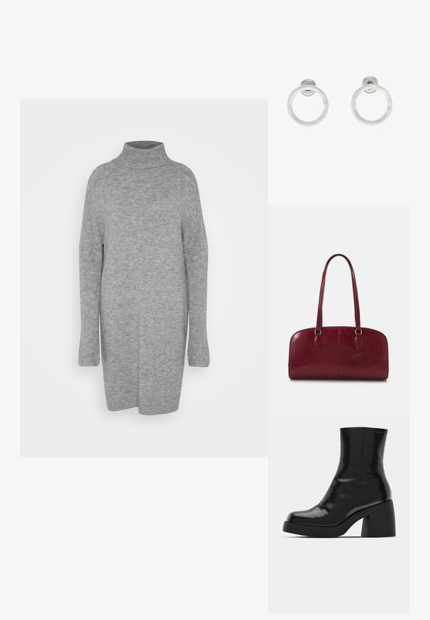 Siv pulover s turtle neck in dolgimi rokavi. Mehka, pletena tekstura; ohlapen kroj; dolžina do sredine stegna; brez vidnih vzorcev ali dodatkov.; Črne gležnjarje z sijajno površino, kvadratnim nosom in debelim blokskim peto. Oblikovanje izstopa s brezšivno silhueto in minimalnim logotipiranjem.; Zign LEATHER - Torbica - dark red; Srebrni kovinski obročasti uhani z brušenjem, s krožno obliko in prozornim zatičem za varno nošenje.