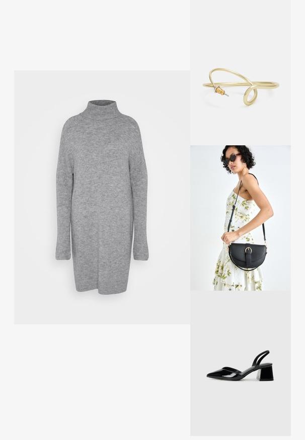 Pull à col roulé gris avec des manches longues. Texture douce et tricotée ; coupe ample ; longueur mi-thigh ; sans motifs ni accents visibles.; Escarpins en cuir verni noir avec bout pointu et talon bloc géométrique. Présente un design élégant et minimaliste ainsi qu'une texture lisse.; Sac à main en cuir noir avec une forme courbée, bandoulière amovible et des accessoires en or. Le sac est doté d'un rabat avec un détail de boucle.; Bracelet en métal couleur or avec un design fluide et courbé. Présente un petit accent argenté proéminent à une extrémité.