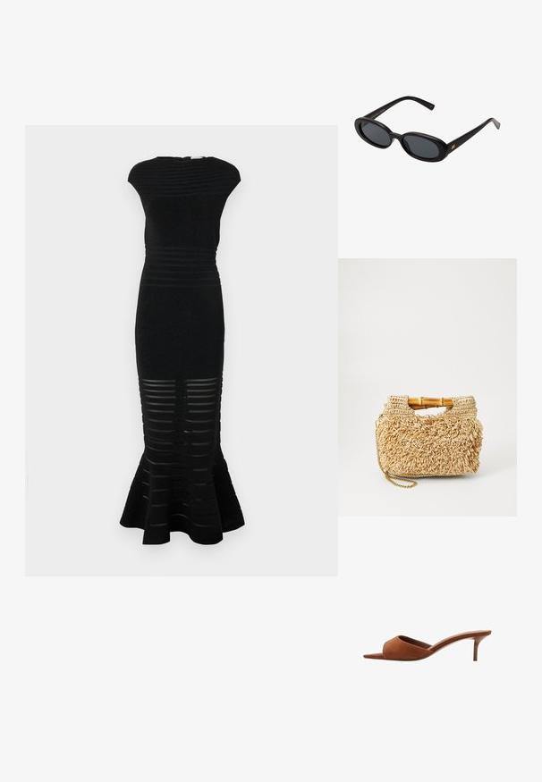 Čierne šaty s priliehavou siluetou, rebrovanou textúrou a rozšíreným lemom. Obsahujú pruhované výstrihy na spodnej časti a vysoký výstrih.; Hnedé semišové otvorené sandále s zakriveným dizajnom, vybavené nízkym ihlovým opätkom a hladkými, minimalistickými líniami.; Čierne oversized slnečné okuliare s oválnymi šošovkami, hladkým plastovým rámom a zlatými akcentmi na straniciach. Tmavé šošovky poskytujú ochranu pred slnkom.; Tkaná slamená kabelka s bambusovými rúčkami, s textúrovaným strapcovým dizajnom v prírodnej béžovej farbe a zlatým reťazovým popruhom.