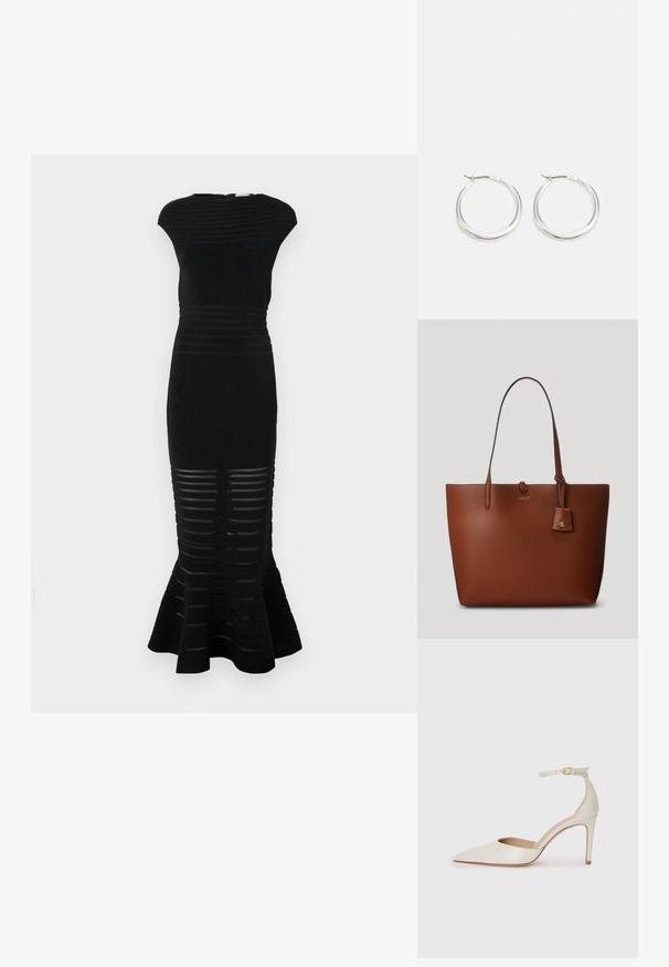 Melna kleita ar pieguļošu siluetu, ribota tekstūra un izplešanos apakšpusē. Iespējamie svītraini izgriezumi apakšā un augsta kakla izgriezums.; Baltas ādas augstpapēžu kurpes ar smailu purngala daļu, potītes siksniņu un šauru stiletto papēdi. Gluda tekstūra ar smalku spīdumu.; Brūna, akmeņainā ādas rokassoma ar divām rokturiem, nelielu pievienotu birku un nemanāmu logotipu uz priekšpuses. Gluda tekstūra ar strukturētu formu.; Sudraba riņķa auskariem ir gluda, noapaļota forma ar plānu profilu un drošu aizdari. Minimālistisks stils ar izpolētu apdari.