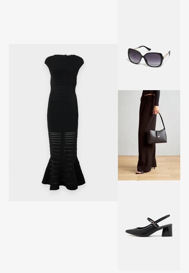 Schwarzes Kleid mit einer taillierten Silhouette, gerippter Textur und ausgestelltem Saum. Verfügt über gestreifte Ausschnitte am unteren Rand und einen hohen Ausschnitt.; Schwarze Lackleder-Slingback-Absätze mit spitzer Zehenform, einem runden Ausschnitt-Design und einem Blockabsatz. Mit einem goldfarbenen Schnallenakzent.; Schwarze übergroße Sonnenbrille mit getönten Gläsern, dicken Rahmen und goldfarbener Kettendetaillierung an den Bügeln.; Schwarze Handtasche mit strukturierter Form, glatter Textur und einem metallischen Verschluss. Kombiniert mit weiten schwarzen Hosen und offenen Sandalen auf einem Holzboden.