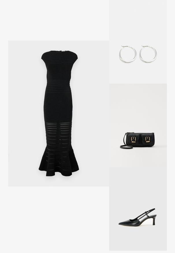 Černé šaty s přiléhavým střihem, ribbovanou strukturou a rozšířeným lemem. Mají pruhované výřezy na spodní části a vysoký výstřih.; Černé lakované slingback podpatky s špičatou špičkou, zdobené texturovaným hadím vzorem, nastavovacím páskem a krátkým texturovaným blokovým podpatkem.; Černá kožená crossbody taška se dvěma předními kapsami, zlatými přezkami, zipovým uzávěrem a štíhlým popruhem. Texturovaný povrch a kompaktní obdélníkový tvar.; Stříbrné kroužkové náušnice mají hladký, zaoblený design s tenkým profilem a bezpečným zapínáním. Minimalistický styl s lesklým povrchem.