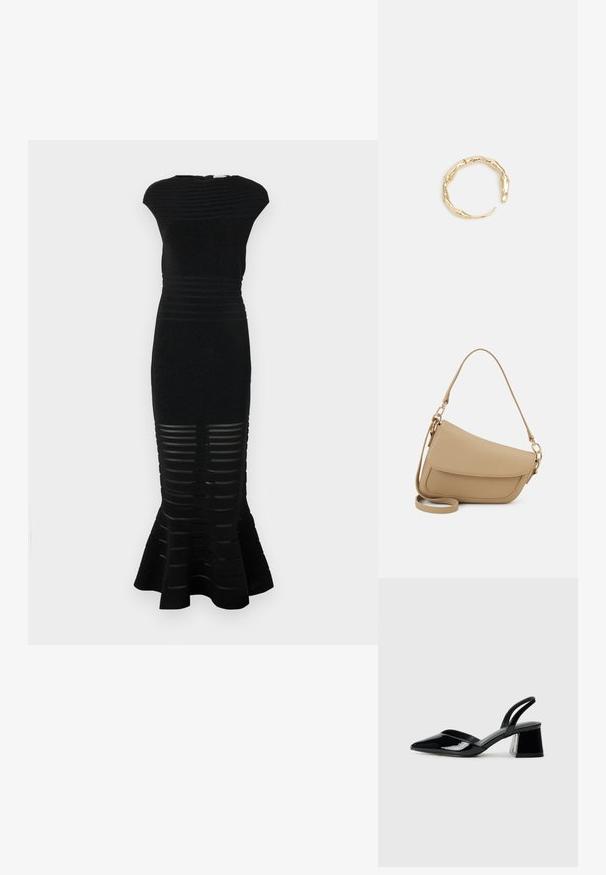 Mustapuku, jossa on istuva siluetti, ribattu pinta ja levenevä helma. Tässä on raidoitetut aukot alaosassa ja korkea kaula-aukko.; Mustat patentoitu nahkakengät, joissa on säären takaosa ja terävä kärki, sekä geometrinen palikkakorko. Sisältää tyylikkään, minimalistisen muotoilun ja sileän pinnan.; Even&Odd Käsilaukku - beige; Kultaketju, jossa on orgaaninen, kierretty muotoilu, sileä pinta ja cappatut päät, luoden modernin, veistoksellisen ilmeen.