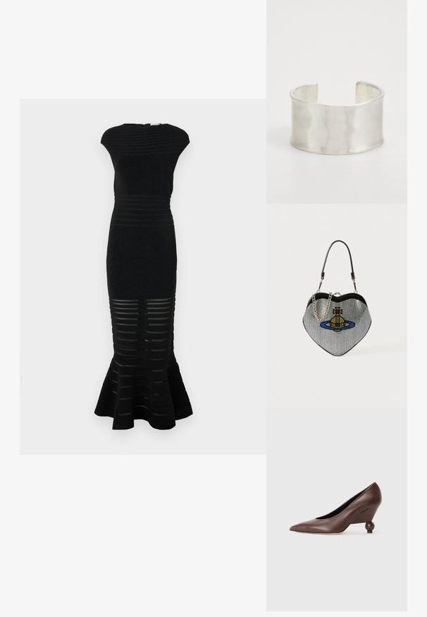 Black dress with a fitted silhouette, ribbed texture, and a flared hem. Features striped cutouts at the bottom and a high neckline.; Brown leather wedge pump with a pointed toe and a rounded, ball-shaped heel. Smooth texture with a simple design and minimal accents.; Heart-shaped handbag made of mesh with a metallic finish, featuring a cat and planet design in blue, yellow, and red. Includes a chain strap.; Zign Bracelet - silver-coloured