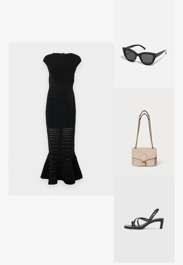 Abito nero con silhouette aderente, texture a coste e orlo svasato. Presenta ritagli a strisce nella parte inferiore e un collo alto.; Sandalo nero con cinturini, dalla punta squadrata e tacco basso a blocco. Presenta diversi cinturini sottili e una cinturini regolabile alla caviglia. Realizzato in pelle liscia.; Occhiali da sole neri a forma di occhio di gatto con finitura opaca, dotati di lenti grigie, angoli acuti e stanghette slanciate. Nome del marchio visibile all'interno della stanghetta.; Borsa in suede beige con tracolle in catena dorata, forma rettangolare strutturata, dettagli cuciti e un’accents dorato del logo sul davanti.; Orecchino in metallo color oro con un design elegante e curvo. Presenta una forma appuntita distintiva, superficie lucida e chiusura a cerniera.