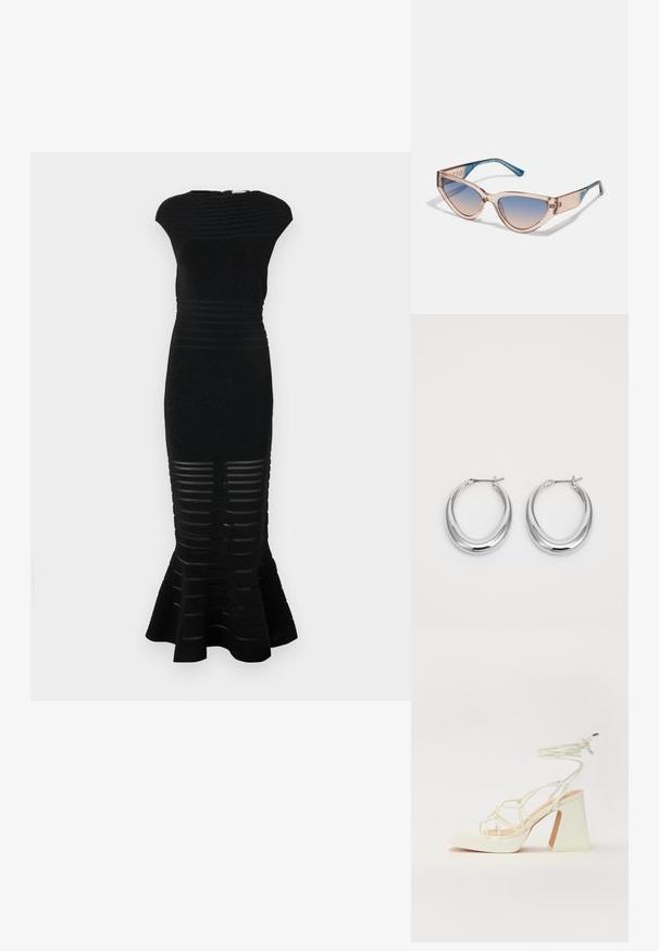 Črna obleka s prilegajočo silhueto, rebrasto teksturo in razširjenim robom. Ima črtaste izreze na dnu in visok ovratnik.; Bela sandala na visokih petah s debelim petam, ki ima obliko trakcev in vezanje okoli gležnja. Gladka tekstura z platformo spredaj za dodatno višino.; Mačje očala s prozornimi roza okvirji, gradientnimi modrimi lečami in tempeljami z modrimi akcenti, ki vključujejo detajl logotipa.; Par srebrne polirane obroče v obliki lune z zankami na belem ozadju.