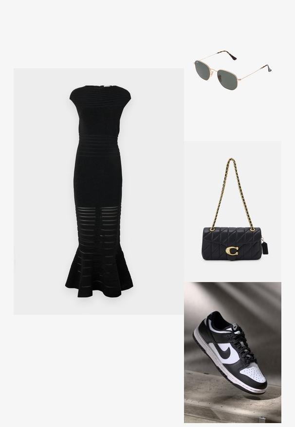 Must must, millede siluetiga, soonikkoesega ja lõhiku gamaate. Omab triibulisi lõikeid allosas ja kõrget kaelust.; Mustvalge Nike Dunk Low tossud nahast ülaservaga, perforatsioonidega varbakoht ja mustad kengid, valge tallaga ja logo aktsentidega.; Kuldne metallraamiga prillid tumeroheline lensega, piloot-stiil, millel on õhukesed käepidemed ja kilpkonna mustriga aktsendid otstes.; Must mustriga käekott kuldse ketirihmaga, millel on silmapaistev kuldne klamber ja väike silt, esitleb tekstuurt nahka.