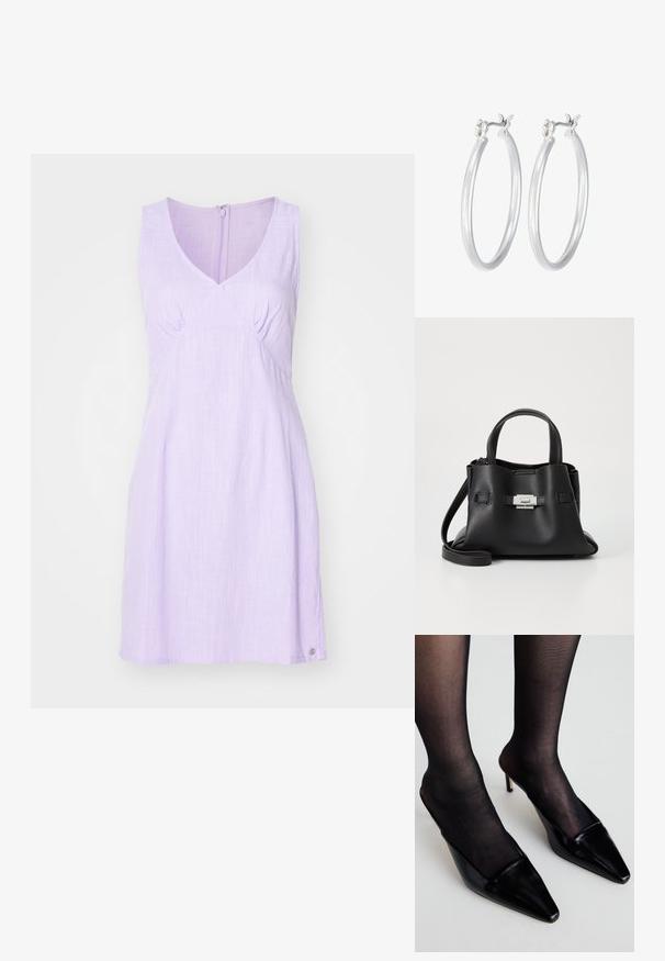 Lilac sleeveless dress with a V-neck, gathered detailing at the bust, and a subtle texture. Back zip closure and a rounded hem.; Black patent leather mules with a pointed toe and a low-cut design. Features a thin heel and paired with black sheer stockings.; Black leather handbag with a textured finish, featuring two top handles, a detachable shoulder strap, and a silver clasp detail.; Silver hoop earrings with a smooth, polished finish. Round shape and secure click-top closure. Lightweight design suitable for everyday wear.