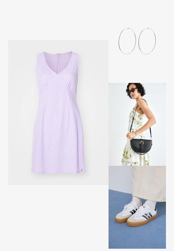 Lila ärmelloses Kleid mit V-Ausschnitt, gerafften Details an der Brust und einer subtilen Textur. Reißverschluss hinten und abgerundeter Saum.; Weiße Sneaker mit schwarzen Streifen und beigen Wildlederakzenten. Besitzen eine strukturierte Gummisohle und flache weiße Schnürsenkel, getragen mit hellen Socken.; Schwarze Lederhandtasche mit geschwungener Form, abnehmbarem Tragegurt und goldenen Beschlägen. Die Tasche verfügt über einen Deckel mit einer Schnallen-Details.; Silberne Creolen mit einem glatten, runden Design und einer polierten Oberfläche. Sie sind dünn und leicht und verfügen über einen einfachen Verschluss.