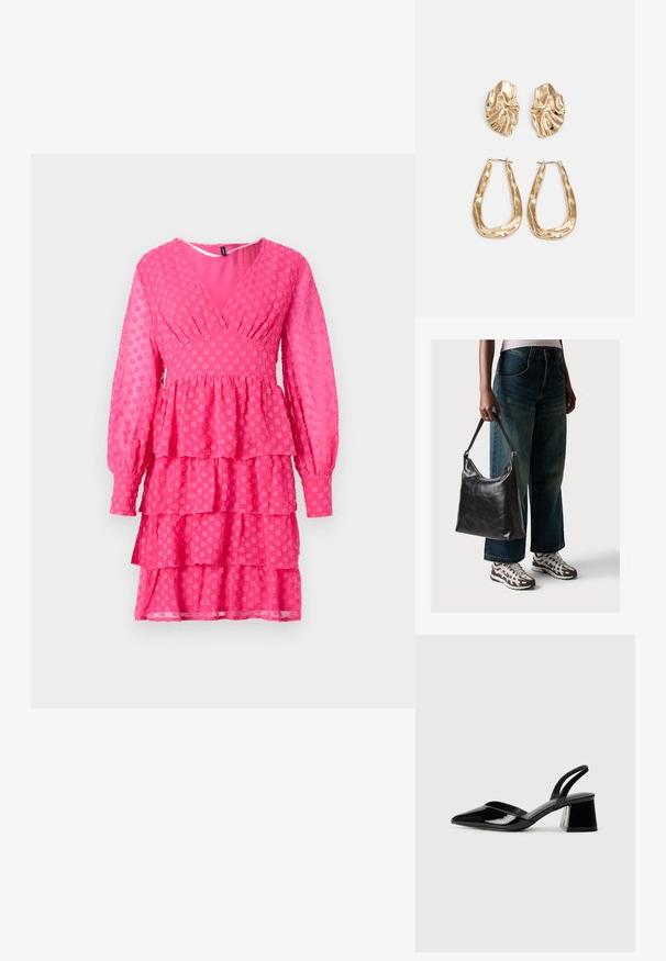 Vestido texturizado rosa com decote em V, mangas longas bufantes, babados em camadas e padrões circulares, feito de um tecido leve.; Sandy em verniz preto com salto slingback, ponta afilada e salto geométrico. Apresenta um design elegante e minimalista com textura suave.; Bolsa de ombro em couro preto com textura suave e alça ajustável, combinada com jeans de perna larga desbotados e ténis desportivos.; Brincos em tom de ouro com formas onduladas e texturizadas. Inclui studs escultóricos com presilha e um design de argola aberta com um acabamento martelado.