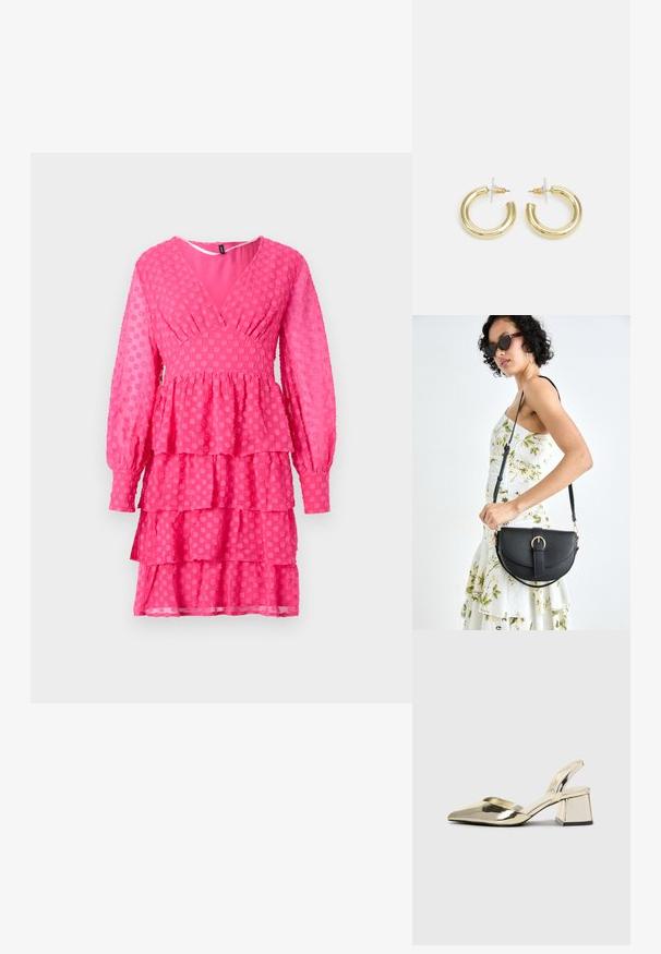 Rochie roz texturată cu decolteu în V, mâneci lungi cu volane, volane suprapuse și modele circulare, confecționată dintr-un material ușor.; Pantofi cu toc slingback metalici aurii, cu vârf ascuțit și toc chunky. Textură netedă, design minimalist și o curea subțire.; Geantă din piele neagră, cu o formă curbată, curea detașabilă și accesorii aurii. Geanta are un capac cu un detaliu tip cataramă.; Cercei cercuri din aur cu un finisaj neted și strălucitor. Design circular cu un mic suport și un spate transparent pentru o purtare sigură.