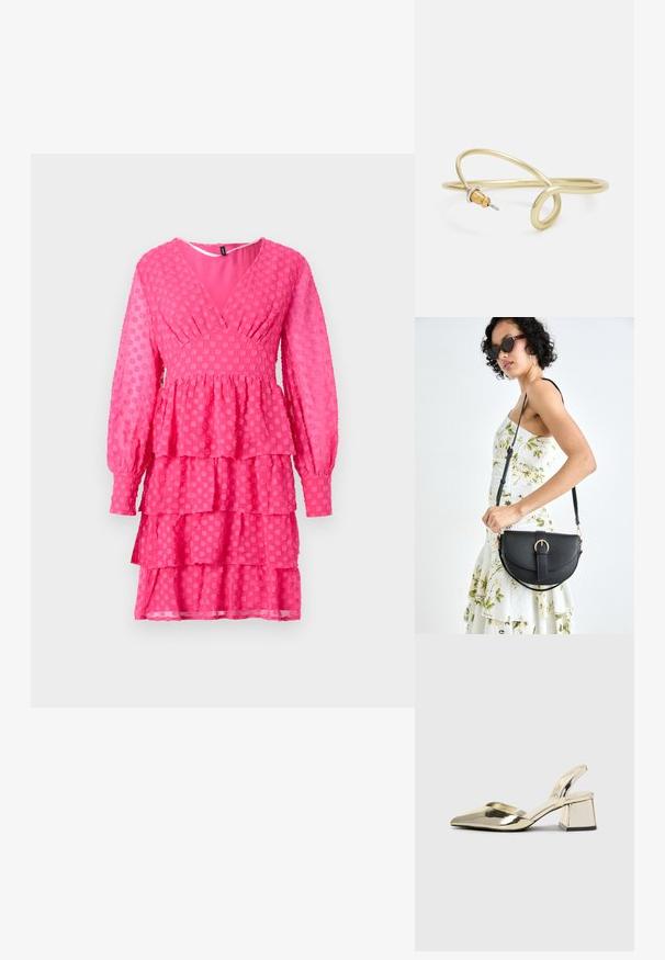 Roosa tekstuuriga kleit V-kaeluse, pikkade puhvsevarrukate, kihiliste volaanide ja ringikujuliste mustritega, valmistatud kergetest kangast.; Kuldne, metallilised slingback-kudumid terava varba ja paksu kontsaga. Sile tekstuur, minimalistlik disain ja kitsas rihm.; Mustmust mustraha kõverate joontega, eemaldatava rihmaga ja kuldsete detailidega. Kotil on klapp, millel on pandladetail.; Kuldne metallist käevõru, millel on voolav ja kõver disain. Ühel otsal on väike, silmapaistev hõbedane aktsent.