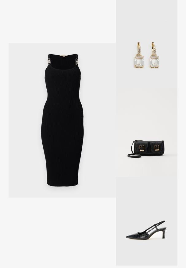 Černé žebrované midi šaty s přiléhavým střihem, zdobené stříbrnými kovovými prvky na ramínkách. Hladká textura a kulatý výstřih.; Černé lakované slingback podpatky s špičatou špičkou, zdobené texturovaným hadím vzorem, nastavovacím páskem a krátkým texturovaným blokovým podpatkem.; Černá kožená crossbody taška se dvěma předními kapsami, zlatými přezkami, zipovým uzávěrem a štíhlým popruhem. Texturovaný povrch a kompaktní obdélníkový tvar.; Náušnice ve zlatém odstínu s obdélníkovým, průhledným krystalem zavěšeným pod řadou malých, kulatých průhledných akcentů. Elegantní, moderní design.