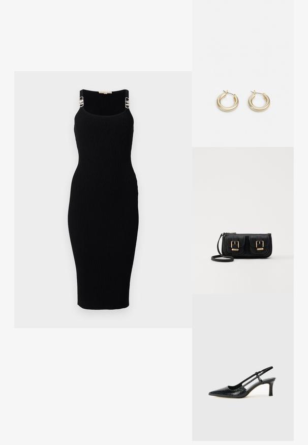 Mustassa ribbimäisessä midi-mekossa on kapea malli, jossa on hopeiset metalliosat olkaimissa. Mekossa on sileä pinta ja avara pääntie.; Musta patent slingback-kiilakorko teräväkärkisellä muotoilulla, jossa on teksturoitu käärmeennahkakuosi, säädettävä remmi ja lyhyt, teksturoitu blokkiheel.; Musta nahkainen olkalaukku, jossa on kaksi etutaskua, kultaiset soljet, vetoketjukiinnitys ja kapea hihna. Teksturoidun pinnan ja kompaktin suorakaiteen muoto.; Lauren Ralph Lauren BASIC SMALL HOOP - Korvakorut - gold-coloured