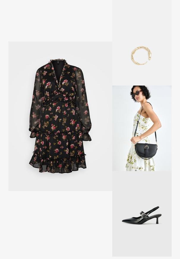 Svart blommig klänning gjord av genomskinligt tyg, med långa ärmar, volangdetaljer, lager-på-lager och en omslagstill design med rosa och gula blommor.; Svarta patentläder slingback-klackar med spetsig tå och en liten blockklack, med en silvrig spänneaccent på remmen.; Svart läderhandväska med en böjd form, avtagbar rem och guldiga detaljer. Väskan har ett lock med en spänndetalj.; Ring i guldutförande med en organisk, vriden design, slät yta och avsmalnande ändar, vilket ger ett modernt, skulpturalt utseende.