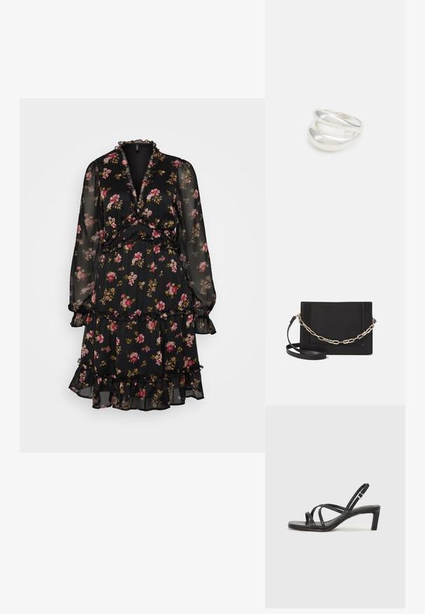 Musta kukkamekko, joka on valmistettu läpikuultavasta kankaasta, jossa on pitkät hihat, rypytyksiä, kerroksellisuutta ja kietaisusuunnittelu vaaleanpunaisilla ja keltaisilla kukilla.; Mustat hihnalligat, joissa on neliön muotoinen kärki ja matala lohkokorko. Ominaisuuksiin kuuluu useita ohuita hihnoja ja säädettävä nilkkahihna. Valmistettu sileästä nahasta.; Musta nahkainen olkalaukku, jossa on sileä pinta, suorakulmainen muoto ja metalliketju yksityiskohtana edessä. Mukana säädettävä hihna.; Hopeinen kaksinkertainen rengas, jossa on sileä, kiillotettu pinta. Siinä on sulava, kaareva muotoilu, jossa on päällekkäisiä osia modernin ilmeen saavuttamiseksi.