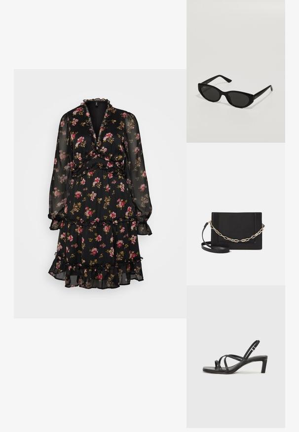 Rochie neagră cu flori, realizată dintr-un material transparent, având mâneci lungi, detalii cu volane, straturi abilitate și un design înfășurat cu flori roz și galbene.; Sandal cu barete negre, cu vârf pătrat și toc mic de bloc. Prezintă mai multe barete subțiri și o bareta ajustabilă la gleznă. Fabricat din piele netedă.; Ochelari de soare negri cu o formă subțire, stil cat-eye. Realizați din plastic neted, având lentile întunecate și accente subtile cu logo pe brațe.; Geantă de umăr din piele neagră, cu o textură netedă, formă rectangulară și un detaliu din lanț metalic în față. Include curea reglabilă.