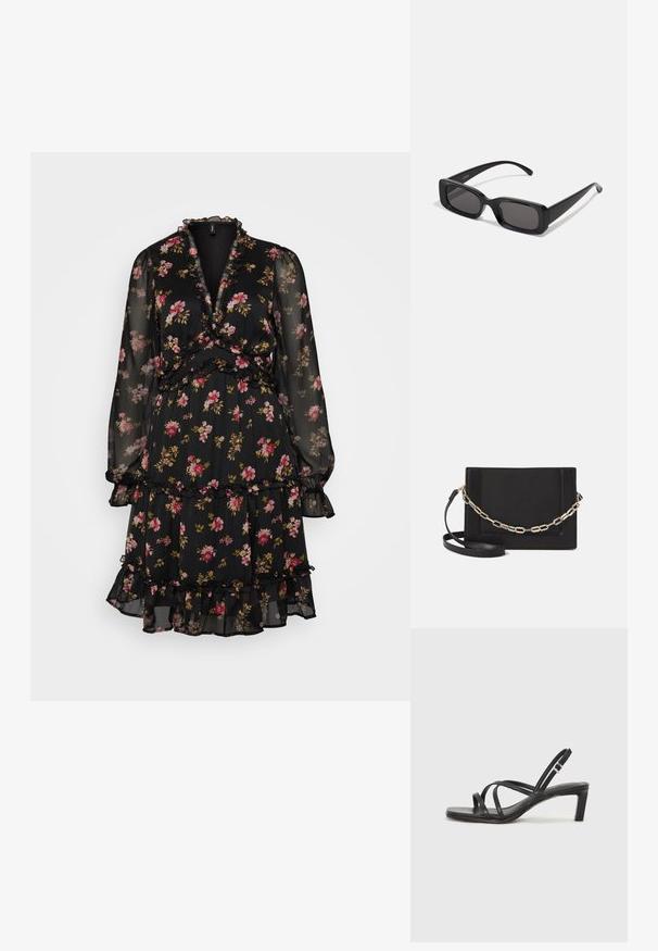 Čierne kvetinové šaty vyrobené z priesvitného materiálu, s dlhými rukávmi, volantovými detailmi, vrstvenými vrstvami a zavinovacím dizajnom s ružovými a žltými kvetmi.; Čierne sandále na vysokom podpätku so štvorcovou špičkou a nízkym blokovým podpätkom. Obsahujú viacero tenkých popruhov a nastaviteľný členkový popruh. Vyrobené z hladkej kože.; Čierne obdĺžnikové slnečné okuliare s tmavými šošovkami, lesklým povrchom, širokými ramenami a robustným rámovým dizajnom. Vygravírované meno značky na jednom ramene.; Čierna kožená crossbody taška s hladkou textúrou, obdĺžnikovým tvarom a kovovým reťazovým detailom na prednej strane. Súčasťou je nastaviteľný popruh.