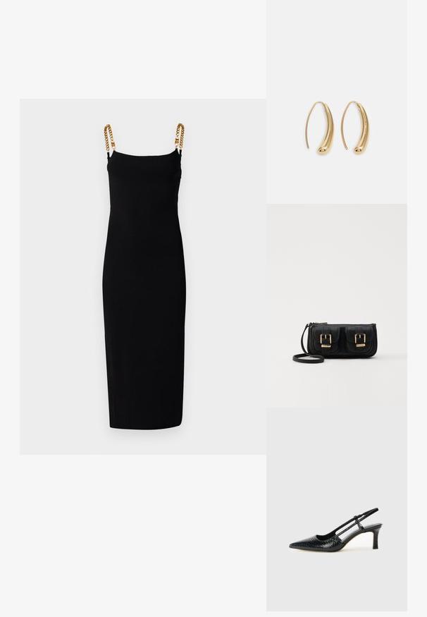 Robe noire sans manches avec une silhouette ajustée, ornée de chaînes en or sur les bretelles. Fabriquée en tissu extensible pour un maximum de confort.; Escarpin slingback en vernis noir avec un bout pointu, présentant un imprimé serpent texturé, une sangle réglable et un petit talon bloc texturé.; Sac en cuir noir porté en travers avec deux poches avant, boucles dorées, fermeture zippée et une sangle fine. Surface texturée et forme rectangulaire compacte.; Boucles d'oreilles en métal doré en forme d'anneau, avec une forme courbée et allongée. Elles présentent une surface lisse et brillante avec une pointe arrondie pour un détail supplémentaire.