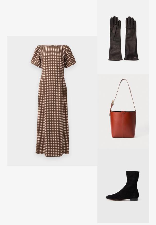 Brązowa sukienka w kratę z krótkimi rękawami, prostą sylwetką i kwadratowym dekoltem. Posiada wzór siatki w jasnych i ciemnych odcieniach.; Czarne zamszowe botki za kostkę z dopasowaną cholewką, spiczastym noskiem i niskim blokowym obcasem. Gładka faktura i minimalistyczny design, odpowiednie do wszechstronnych stylizacji.; Brązowa skórzana torebka w kształcie wiadra z regulowanym paskiem na ramię i złotą klamrą, prosta pionowa szew na przodzie.; Weekend Max Mara - Rękawiczki pięciopalcowe