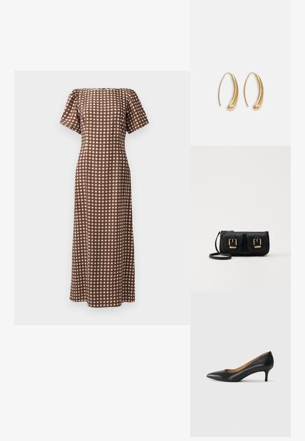 Ruda languota suknelė trumpomis rankovėmis, tiesia siluetu ir keturkampiu iškirpimu. Yra tinklinis raštas šviesių ir tamsių tonų.; Juodos odinės aukštakulnės bateliai su smailiu nosiu, žemu kulnu ir lygiu paviršiumi. Priekyje yra nedidelis atvirumas, o gale minimalus apdaila.; Juodas odinis per petį nešiojamas krepšys su dviem priekiniais kišenėmis, auksiniais sagtimis, užtrauktuko uždarymu ir siauromis petnešomis. Textūruota paviršius ir kompaktiškas stačiakampis formatas.; Auksinės metalinės auskarų kabės su lenktą, pailgą forma. Turi lygų, blizgantį paviršių ir užapvalintą galiuką papildomam akcentui.