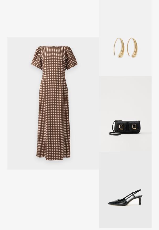 Hnedé kockované šaty s krátkymi rukávmi, priamym strihom a štvorcovým výstrihom. Obsahujú mriežkový vzor vo svetlých a tmavých tónoch.; Čierne patentové slingback topánky na ihlovom podpätku s špicatou špičkou, s textúrovaným hadím vzorom, nastaviteľným popruhom a krátkym, textúrovaným blokovým podpätkom.; Čierna kožená crossbody taška s dvoma prednými vreckami, zlatými sponami, zipsovým uzatváraním a úzkym popruhom. Štruktúrovaný povrch a kompaktný obdĺžnikový tvar.; Náušnice vo forme zlatých kovových kruhov s zakriveným, predĺženým tvarom. Majú hladký, lesklý povrch a zaoblený koniec pre pridanie detailu.
