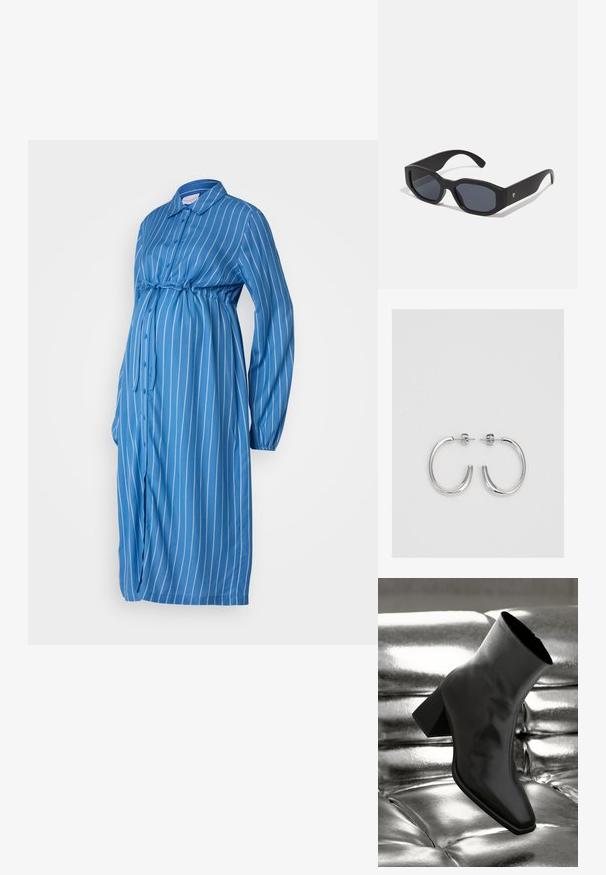 Mėlynos dryžuotos nėštumui skirtos suknelės, ilgomis rankovėmis, sagčių užsegimas priekyje, raištelis po krūtine, lengvas audinys, pusiau laisvas siluetas, apvalus sijonas.; Juodos kulkšnies botai, pagaminti iš blizgaus medžiagos, su kvadratine padu ir siauru kulnu, prieš blizgiai sidabrinį pūsto audinio foną.; Juodos akiniai nuo saulės su stačiakampiais rėmeliais, matinio paviršiaus, tamsiais objektyvais ir šiek tiek lenktomis rankenėlėmis. Diskretiška logotipo detalė ant vienos rankenėlės.; Sidabrinės auskarai žiedai su lygiu, blizgiu paviršiumi. Suapvalinta forma, lengvas dizainas, su uždarymu ant smeigtuko.