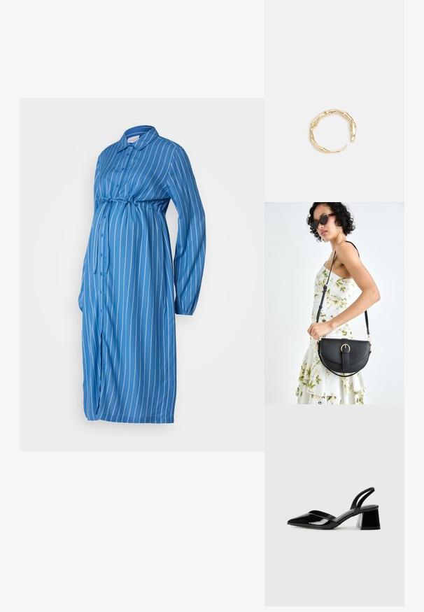 Abito premaman a righe blu, maniche lunghe, chiusura con bottoni davanti, dettaglio con fiocco sotto il busto, tessuto leggero, vestibilità semi-sciolta, orlo curvo.; Décolleté in vernice nera con punta affusolata e tacco in geometria cubica. Presentano un design elegante e minimalista, con una texture liscia.; Borsa a tracolla nera in pelle con una forma curva, manico rimovibile e accessori dorati. La borsa presenta una patta con un dettaglio a fibbia.; Anello in tono oro con un design organico e Twisted, caratterizzato da una superficie liscia e punte affusolate, che crea un aspetto moderno e scultoreo.
