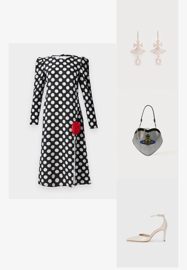 Juoda suknelė su baltais taškeliais, ilgomis rankovėmis ir surinkta pečių detalė. Priekiniame hem'e yra raudonos rožės akcentas.; Balti odiniai aukštakulniai batai su smailiu priekiniu galu, kulkšnies dirželiu ir siauru stiletu. Lygi tekstūra su subtiliu blizgiu paviršiumi.; Širdies formos tinklinė rankinė su metaliniu blizgiu, kurioje vaizduojamas katės ir planetos dizainas mėlyna, geltona ir raudona spalvomis. Įskaičiuota grandinėlė.; Rožinės spalvos brangakmenių auskarai su lankelio dizainu, turintys sluoksniuotą struktūrą ir blizgančias akcentus; metaliniai komponentai išlaiko poliruotą apdailą.