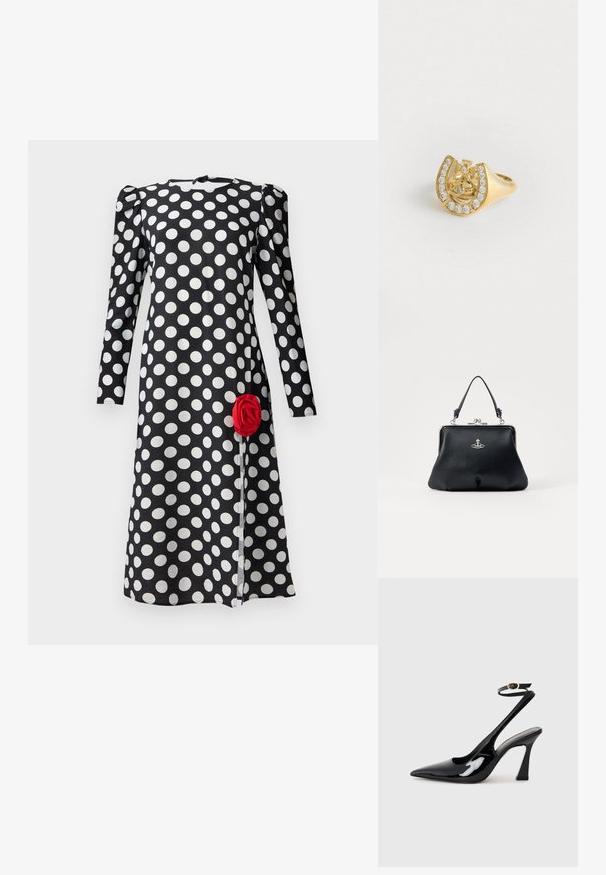 Juoda suknelė su baltais taškeliais, ilgomis rankovėmis ir surinkta pečių detalė. Priekiniame hem'e yra raudonos rožės akcentas.; Juodai lakuoti slingback aukšti kulniukai su smailiu nosiu, reguliuojama čiurnos juostele ir vidutinio dydžio blokiniu kulnu. Lygus paviršius su blizgiu apdaila.; Juodas odinis rankinės maišas su tekstūruota paviršiumi, sidabrinės spalvos detalės, užsegimas su spaustuku ir trumpa rankena nešimui. Kompaktiškas ir struktūrizuotas dizainas.; Aukso žiedas su karūnos dizainu viduje arkadijos, papuoštas mažomis skaidriomis brangakmenių, baltame fone.