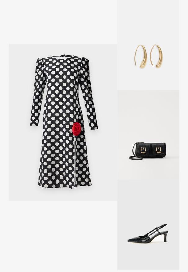 Svart kjole med hvite prikker, lange ermer og samlet skulderdetalj. Har en rød roseaccent på frontkanten.; Sorte patent slingback hæl med spids tå, featuring tekstureret slangeskind, justerbar rem og en kort, tekstureret blokhæl.; Svart skinn crossbody veske med to frontlommer, gyldne spenner, glidelåslukking og en slank stropp. Teksturert overflate og kompakt rektangulær form.; Gullfargede metalløredobber med en buet, forlenget form. Har en jevn, blank overflate og en avrundet tupp for ekstra detaljer.