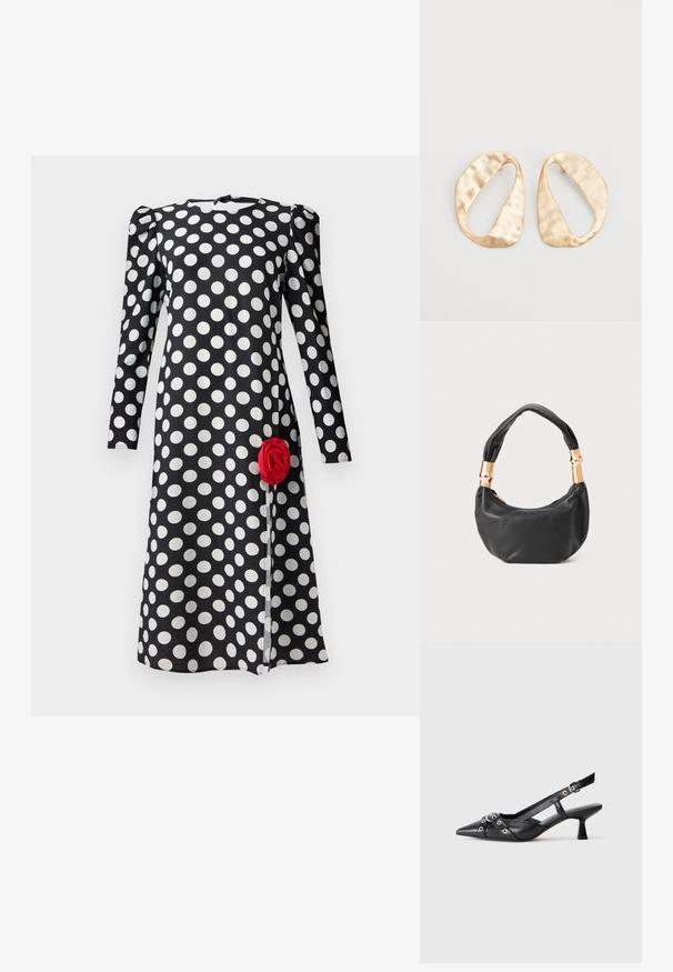 Čierne šaty s bielymi bodkami, dlhé rukávy a zhrnuté detaily na pleciach. Na prednom okraji majú červenú ružu ako ozdobu.; Čierne kožené slingback topánky s špicatou špičkou, ozdobnými popruhmi s kovovými očkami a nízkym blokovým podpätkom. Textúrovaný povrch.; Čierna kožená kabelka s guľatým tvarom, príjemnou textúrou a uzlíkovou rukoväťou s akcentmi zlatého tónu. Zipsové uzatvorenie.; Pár nepravidelných oválnych zlatistých kovových náušníc s textúrovaným, mierne rozbitým povrchom na bielom pozadí.