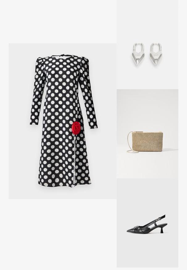 Juoda suknelė su baltais taškeliais, ilgomis rankovėmis ir surinkta pečių detalė. Priekiniame hem'e yra raudonos rožės akcentas.; Juodas odinis slingback tipo batai su smailiu priekiniu atvartu, dekoratyvinėmis sagtimis su metaliniais akyčiais ir žemu blokiniu kulnu. Saldus paviršius.; Loeffler Randall YASMINE FLAT CLUTCH - Rankinė per petį - gold; Sidabrinės širdelės formos užraktai su išgraviruotais žodžiais "TAIP" ir "NE", poliruotas paviršius, simetriškas dizainas ir tvirtas metalinis užraktas.