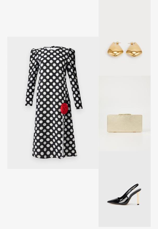 Zwarte jurk met witte stippen, lange mouwen en gebundeld schouderdetail. Heeft een rode rozenaccent aan de voorzoom.; Zwarte lakleren slingback hoge hak schoen met puntige neus en goudkleurige vierkante hakaccent. Voorzien van een verstelbare enkelband.; Gouden clutch tas met een gladde metallic afwerking, rechthoekige vorm en een eenvoudige sluiting. Geen zichtbare patronen of versieringen.; Goudkleurige metalen oorbellen met een glad, afgerond driehoekig ontwerp en een post-back sluiting; reflecterend oppervlak met minimale details.