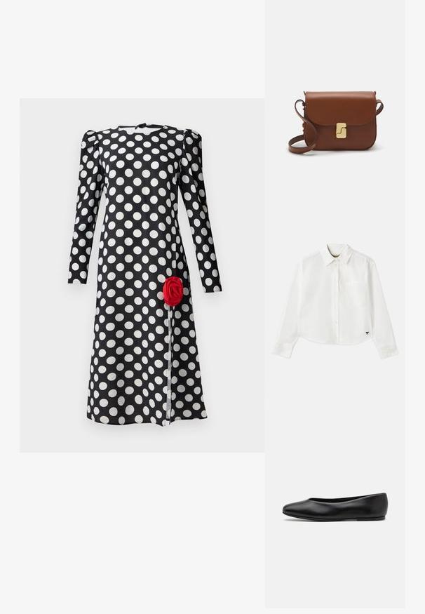 Black dress with white polka dots, long sleeves, and gathered shoulder detail. Features a red rose accent on the front hem.; White cropped long-sleeve shirt made of cotton. Features a button-up front, a chest pocket, and a small black logo on the bottom left.; Paul Smith TOPANGA - Ballet pumps - black; Brown leather handbag with a flap closure, gold-tone hardware, a shoulder strap, and a smooth texture. Compact rectangular shape.