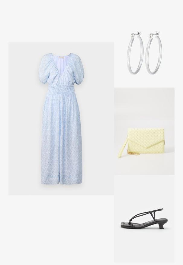 Faithfull the brand GERIBA - Kasdienė suknelė - mid blue; Juodas odinis šlepetės su plonomis dirželiu, mažu blokuoju kulnu ir kvadratiniu pirštu. Yra sagties uždarymas ir lygus paviršius.; Geltona audinė piniginė su užsegimu, nuimamą rankinę juostą ir auksinį akcentą. Lygi tekstūra ir stačiakampis forma.; Sidabriniai auskarai su sklandžiu, poliruotu paviršiumi. Apvalios formos ir saugus uždarymo mechanizmas. Lengvas dizainas, tinkantis kasdieniam dėvėjimui.