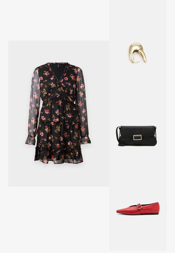 Juoda gėlėta suknelė su permatomomis ilgomis rankovėmis. Dėka apdangalų dizaino, pūkuotų akcentų ir sluoksniuotos sijono su rožinėmis ir geltonomis gėlėmis.; Raudoni odiniai butai su smailiu pirštu, turintys šoninius dirželius su metaline sagtimi ir žemu juodu kulnu. Glotni tekstūra visame paviršiuje.; Juodas odinis dėkliukas su atvarteliu ir auksinės metalinės sagties detalėmis. Įeina juodas diržas ir elegantiškas, minimalistinis dizainas.; Aukso tono metalinės auskarai su stilingu, kreiviu dizainu. Išsiskiria ryškiu smailiu pavidalu, poliruota paviršiumi ir užsegimu su vyriu.