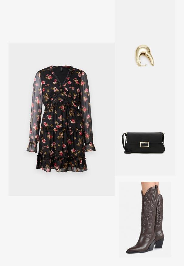 Svart blomstret kjole med gjennomsiktige lange ermer. Har en innpakningsdesign, volangdetaljer og lagdelt skjørt med rosa og gule blomster mønstre.; Brune skinncowboystøvler med spiss tå og blokkhelt, med detaljerte sømmer og hevede detaljer på skaftet.; Svart lær clutch-veske med klaff og detalj i gullmetall. Inkluderer en svart stropp og et strømlinjeformet, minimalistisk design.; Gullfarget metalløredobber med et elegant, buet design. Har en karakteristisk spiss form, polert overflate og hengsel-lukking.