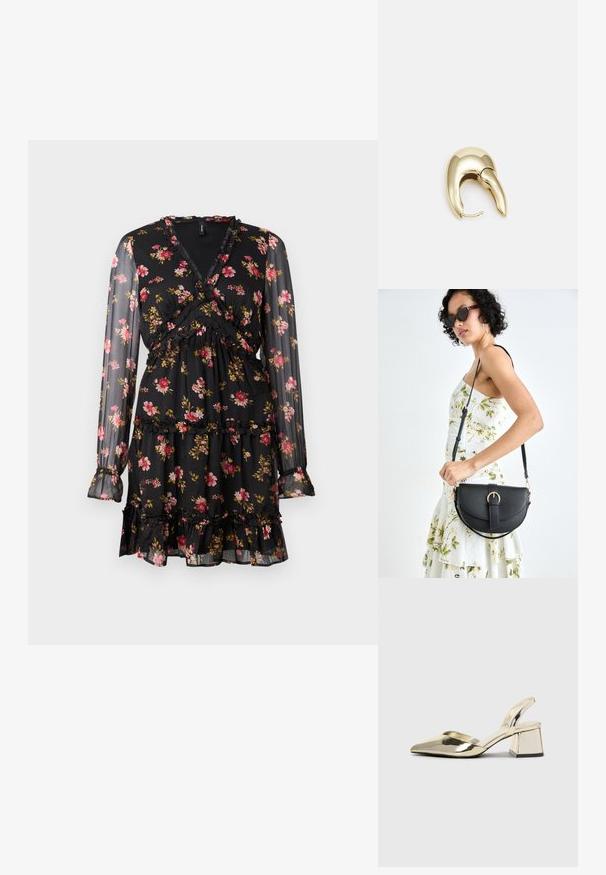 Čierne kvety šaty s priesvitnými dlhými rukávmi. Obsahuje zavinovací strih, volánikové akcenty a vrstvenú sukňu s ružovými a žltými kvetinovými vzormi.; Zlaté kovové lodičky na podpätku so špicatou špičkou a robustným podpätkom. Hladký povrch, minimalistický dizajn a úzka remienok.; Čierna kožená kabelka s zaobleným tvarom, odnímateľným popruhom a zlatými doplnkami. Kabelka má klopu s detailom s prackou.; Náušnice z kovu v zlatej farbe s elegantným, zakriveným dizajnom. Majú charakteristický špicatý tvar, leštený povrch a uzáver na pánt.