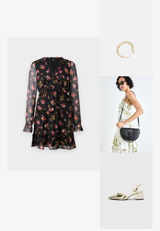 Svart blommig klänning med genomskinliga långa ärmar. Har en omlottdesign, volangdetaljer och lagerkjol med rosa och gula blommönster.; Guld, metalliska slingback-klackar med spetsig tå och chunky klack. Slät textur, minimalistisk design och en smal rem.; Svart läderhandväska med en böjd form, avtagbar rem och guldiga detaljer. Väskan har ett lock med en spänndetalj.; Ring i guldutförande med en organisk, vriden design, slät yta och avsmalnande ändar, vilket ger ett modernt, skulpturalt utseende.