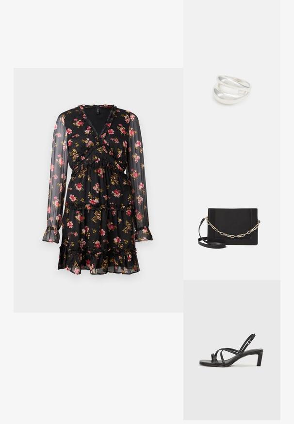 Melna ziedu kleita ar caurspīdīgām garām piedurknēm. Tai ir aptverošs dizains, kroku akcenti un slāņota svārku daļa ar rozā un dzelteniem ziedu rakstiem.; Melnas strappy sandales ar kvadrātveida purngaliem un zemu bloku papēdi. Ievērojamas ar vairākiem plāniem siksniņām un regulējamu potītes siksniņu. Izgatavotas no gludas ādas.; Melna ādas crossbody soma ar gludu faktūru, taisnstūrveida formu un metalizētu ķēdes detaļu priekšā. Iekļauta regulējama siksna.; Sudraba divu joslu gredzens ar gludu, pulētu virsmu. Iezīmējas ar plūstošu, izliekta dizaina struktūru ar pārklājošām sekcijām modernam izskatam.