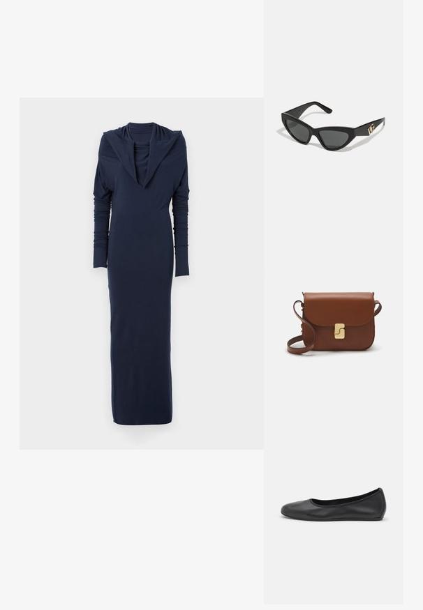 Sötétkék, hosszú ujjas ruha drapált, csónakszerű nyakkivágással és testhez simuló siluettel. Puha, rugalmas anyagból készült; sima textúrájú, látható minták nélkül.; Fekete bőr balettcipő lekerekített orral, sima tekstúrával, minimális varrással és rugalmas talp kialakítással.; Macska szemformájú napszemüveg matt fekete műanyag kerettel, sötét lencsékkel és arany logóval a szárán. Szögletes kialakítás és sima felület.; Barna bőr kézitáska, hajtókás zárással, arany színű fém kiegészítőkkel, vállpánttal és sima felülettel. Kompakt téglalap alakú.