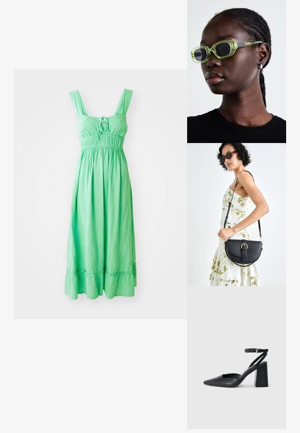 Zaļa, bez piedurknēm maxi kleita ar drapētu krūšu daļu, saišu priekšpusi un izplūdušu apakšmalu. Izgatavota no viegla, teksturēta auduma.; Melna ādas augstpapēžu kurpe ar norakstīto purngala formu, potītes siksniņu un masīlu papēdi. Gluda tekstūra, elegants dizains un minimālisma estētika.; Zaļganiem saulesbrillēm ar plānu, taisnstūrveida rāmi un tumšiem stikliem; teksturētas pelēkas kārtas ar zīmolu. Gluda āda un melna krekls.; Melnas ādas rokassoma ar izliekta formu, noņemamu siksnu un zelta aksesuāriem. Somai ir vāciņš ar sprādzes detaļu.