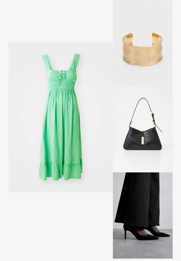 Grøn, ærmeløs maxikjole med smocket liv, bindebånd foran og flæsekant. Lavet af let, tekstureret stof.; Sorte ruskind højhælede sko med spidse tæer, båret med sorte brede bukser, har et slankt design og en subtil glans.; Sort håndtaske i faux krokodillepræget materiale med en triangelform, slank skulderrem og en guldfarvet hardwaredetalje i midten.; Guldtonet manchetarmbånd med en glat, bølget overflade, der har en tekstureret inderside og et åbent design, hvilket skaber en organisk form.